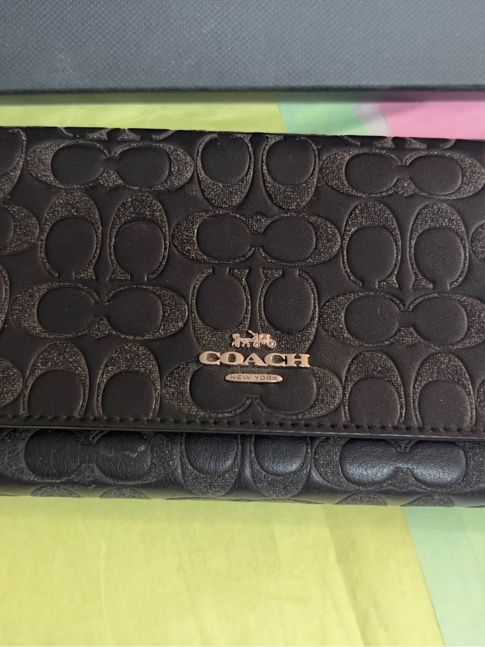 Coach Black Signature Embossed Leather Card Holder with Gold Logo